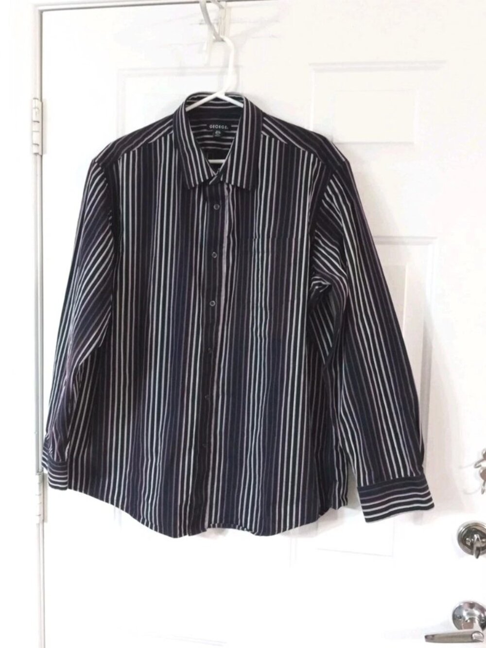 George Mens XL(46-48) Button Up Long Sleeve Shirt Black,Gray And Purple Striped